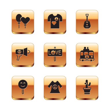 Set Balloons, Smile face, Peace dress print stamp, Megaphone, Guitar, Cactus and t-shirt icon. Vector