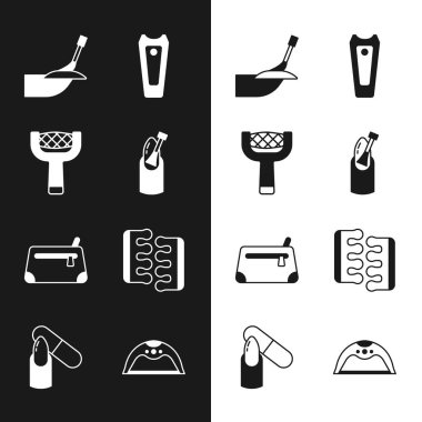 Set Nail manicure, file, Manicure, cutter, Cosmetic bag, Toe separator for pedicure, lamp and icon. Vector