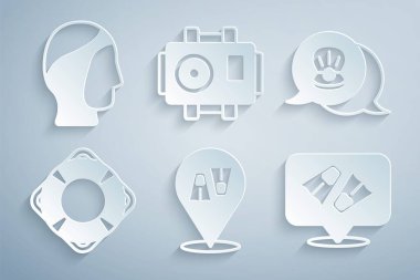 Set Flippers for swimming, Scallop sea shell, Lifebuoy, Photo camera diver and Diving hood icon. Vector