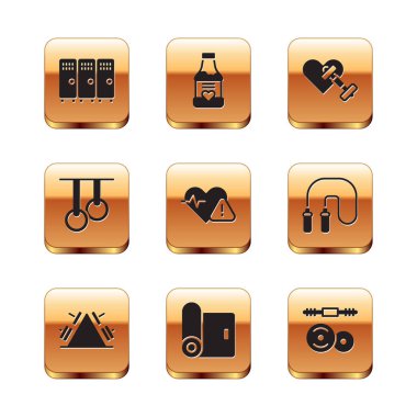 Set Locker or changing room, Metal rack with weight, Fitness mat roll, Heart rate, Gymnastic rings, Dumbbell heart, Barbell and Vitamins icon. Vector