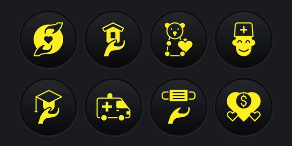 Set Education grant, Male doctor, Ambulance car, Medical protective mask, Donate child toys, Shelter for homeless, Donation and charity and Pleasant relationship icon. Vector — 图库矢量图片