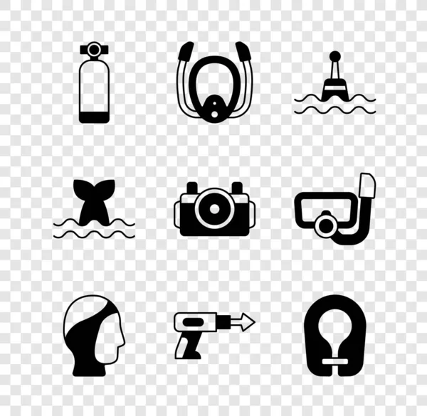 Set Aqualung, Diving mask with snorkel, Floating buoy, hood, Fishing harpoon, Life jacket, Whale tail and Photo camera for diver icon. Vector — Stockvektor