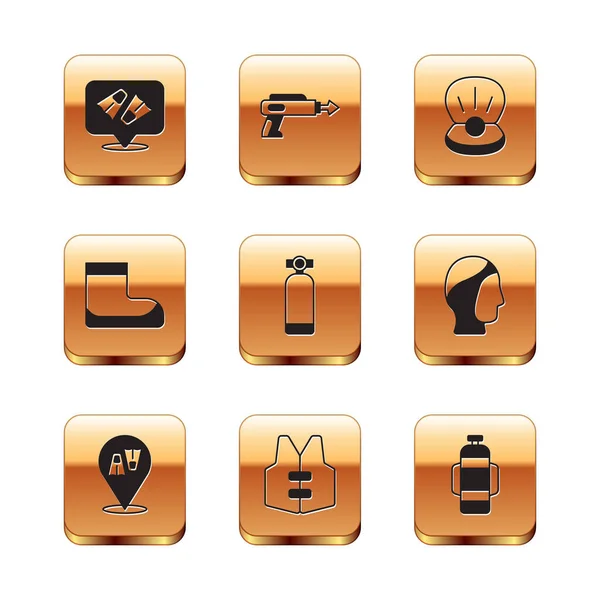 Set Flippers for swimming, Life jacket, Aqualung, Boots, Pearl, and Fishing harpoon icon. Vector — 스톡 벡터