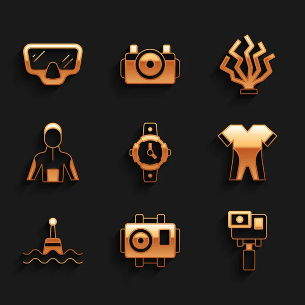 Set Diving watch, Photo camera for diver, Action extreme, Wetsuit scuba diving, Floating buoy, Coral and mask icon. Vector — Image vectorielle