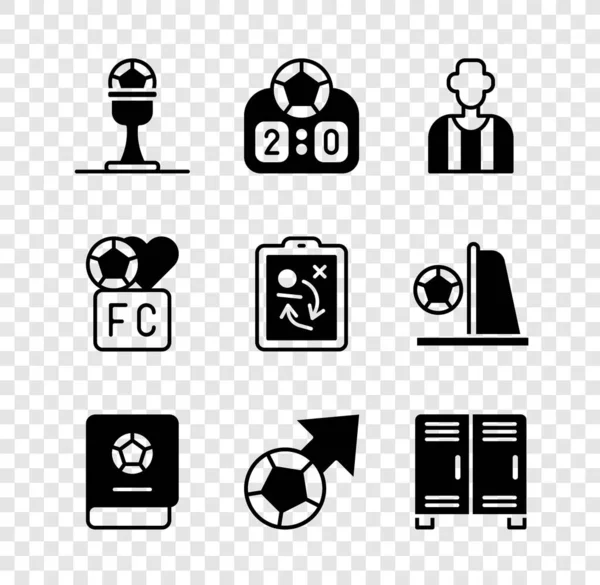 Set Award cup and football ball, Sport mechanical scoreboard, Football soccer referee, learning book, Soccer, Locker changing room, Fan club and Planning strategy concept icon. Vector — Stockvektor