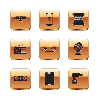 Diploma kaydırma, bluetooth hoparlörleri, SD kart, Gamepad, Radyo ve Kağıt simgesi ayarlayın. Vektör