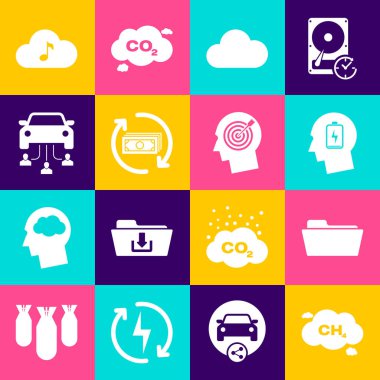 Metan emisyon azaltma dizin başkanını düşük pil akış hizmeti iadesi ve araba paylaşım ikonu ile ayarla. Vektör.