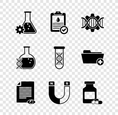 Set Bioengineering Clipboard with blood test Genetic Paper page eye Magnet and Medicine bottle and pills icon. Vector. clipart