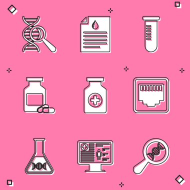 DNA araştırma panosunu, kan testi tüpü, ilaç şişesi, haplar ve Network portu kablo soket ikonu ile ayarla. Vektör.