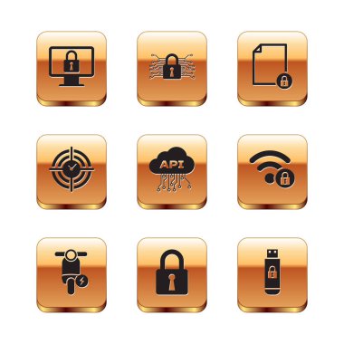 Elektronik scooter Cloud api arayüzü Zaman Yönetimi ve Belge ve kilit simgesini monitöre ayarla. Vektör.