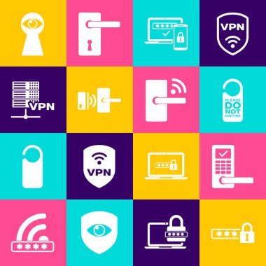 Şifre korumalı dijital kapı kilidini kablosuz olarak ayarlayın. Lütfen iki adım kimlik doğrulama ve sunucu VPN simgesini bozmayın. Vektör.