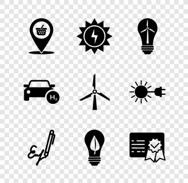 Konum alışveriş sepetini güneş enerjisi paneli ampulünü rüzgar türbini imzalı yaprak sertifikası şablonu hidrojen arabası ve rüzgar simgesiyle ayarla. Vektör.