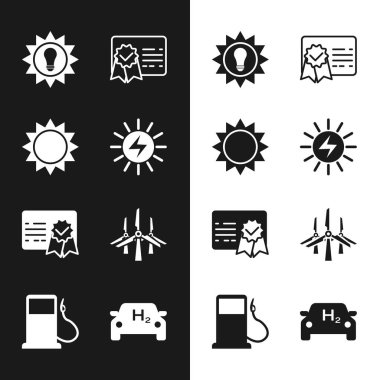 Güneş enerjisi paneli güneş sertifikası şablonu, rüzgar türbinleri hidrojen arabası ve benzin veya benzin istasyonu simgesini ayarlayın. Vektör.