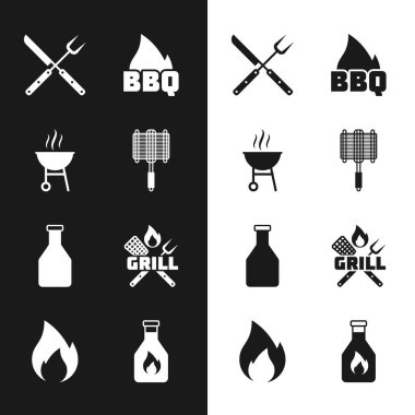 Barbekü çelik ızgara ızgara çatal ve bıçak alevi ketçap şişesi spatula ve ateş ikonu hazırlayın. Vektör.