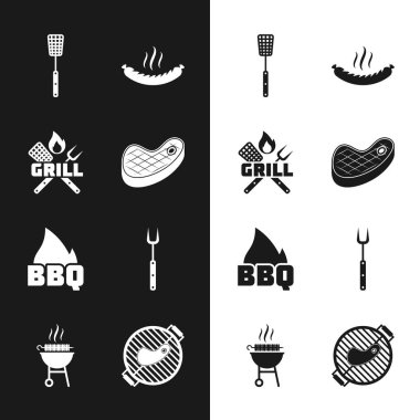 Biftek, çapraz çatal ve spatula ızgara sosis ve ızgara şiş kebap ikonu hazırla. Vektör.