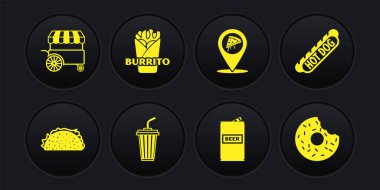 Tortilla Hotdog sandviçli Taco hazırla. Cam bira konservesi, pizza dilimli Burrito Donut ve Fast Street yemek arabası ikonu. Vektör.