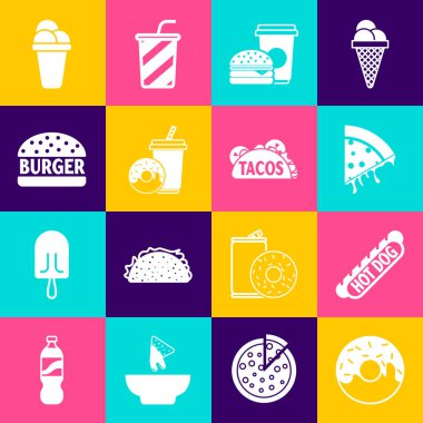 Donut Hotdog sandviçi, pizza dilimi, kahve, soda, çörek, dondurma ve Taco tortilla ikonu. Vektör.
