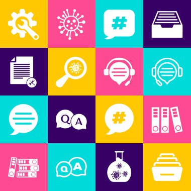 Ofis dizinlerini, kulaklıkları, konuşma balonunu, Hashtag Mikroorganizmalarını dosya açma anahtarı, dişli ve simgesi altında belgelerle ayarla. Vektör.