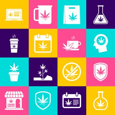 Test tüpünü marihuana kalkanı ve kafa profil alışveriş torbası, takvim kupası kahve çevrimiçi ve çay ikonu ile ayarla. Vektör.