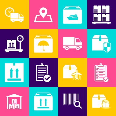 Kargo gemisini teslimat listesinin doğrulandığı kutularla, teslimat güvenlik kalkanı şemsiyesi karton kamyon, saat ve kargo aracı simgesiyle ayarlayın. Vektör.