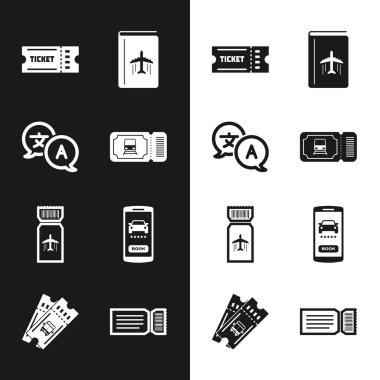 Tren bileti Çevirici Bilet Kapak Kitap Seyahat Rehberi Havayolu Online araba paylaşım ve Otobüs simgesini ayarla. Vektör.