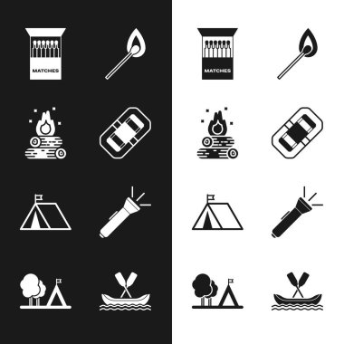 Rafting Teknesi Kamp Ateşi Açık kibrit kutusunu hazırlayın ve Yanan Turist çadırı bayrağı ve ikon ile maç yapın. Vektör.