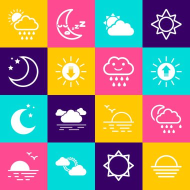 Günbatımı Bulutu 'nu yağmur ve ay bulutları ile Ay' ın güneşini ve ikonunu hazırla. Vektör.