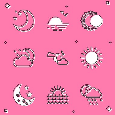 Ay ve yıldızların batışı Güneş tutulması Ay ve ikon ile Bulut. Vektör.