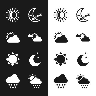 Güneş ve bulut tutulması güneş ay ikonu yıldızları yağmur ve ikon ile bulut. Vektör.