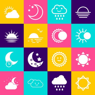 Güneş tutulmasını yağmurlu, güneşli, bulutlu ve ikonlu ayarla. Vektör.