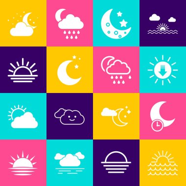 Uyuyan Ay 'ı, Bulut' u ve yağmur ikonunu batır. Vektör.