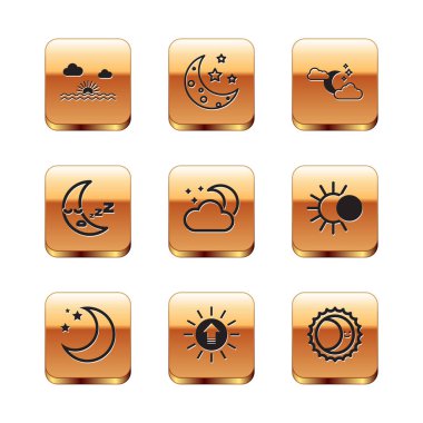 Sunset Moon ve yıldız bulutları güneş tutulması ikonu ve ikonu ile birlikte batıyor. Vektör.