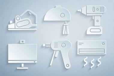Elektrikli sıcak yapıştırıcı tabancasını kablosuz bilgisayar klima karıştırıcı ve planer araç simgesini ayarla. Vektör.