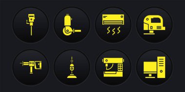 Rotary çekiç matkap makinesini elektrikli elektrikli elektrikli elektrikli elektrikli elektrikli elektrikli elektrikli süpürge dikiş kliması ve angle öğütücü simgesini ayarla. Vektör.