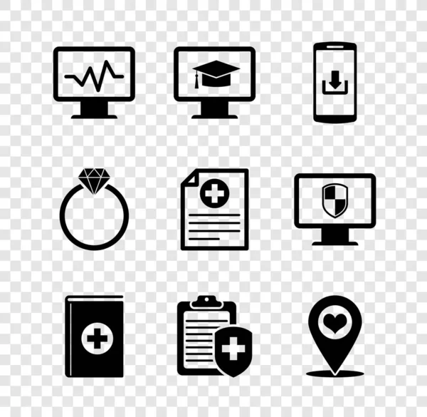 Set Monitor Cardiogram Graduation Cap Smartphone Download Medical Book Clipboard — Stock Vector