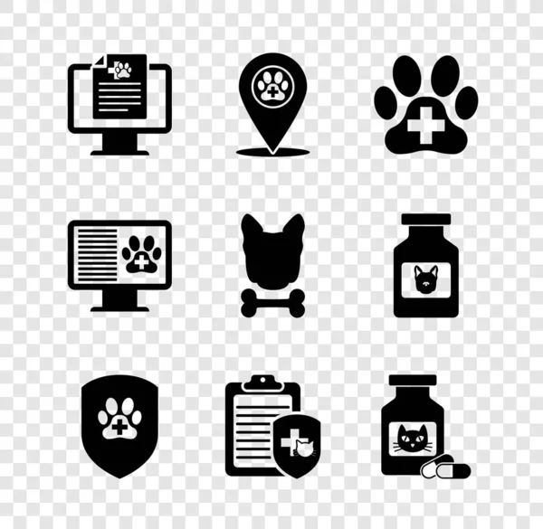 Klinik kayıt cihazını, veterinerlik veterinerlik veterinerlik, hayvan sağlığı sigortası, kedi ilacı şişesi ve ilaç ikonunu monitöre ver. Vektör.