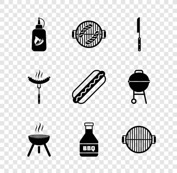 设置Ketchup瓶子烧烤与香肠刀香肠在叉子和热狗三明治图标 — 图库矢量图片