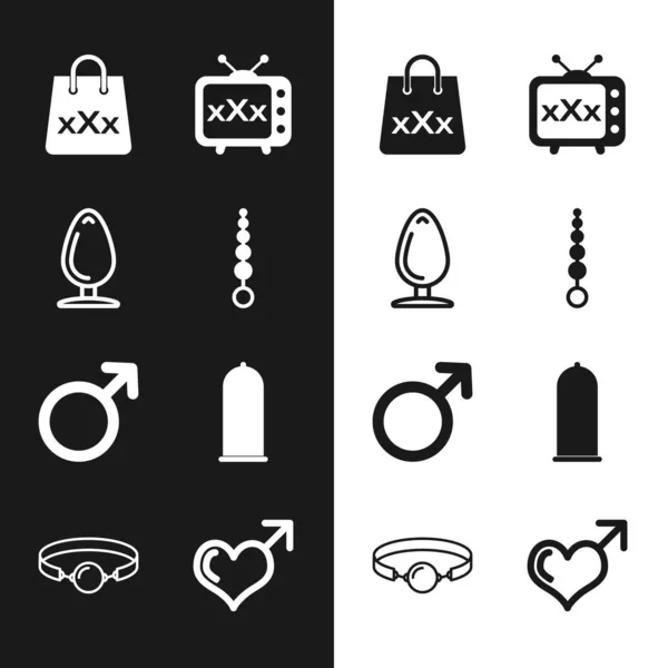 设置Anal珠子插头购物袋与三重X性别电视男性性别标志安全套安全的性行为和心脏和Silicone球嘴图标 — 图库矢量图片
