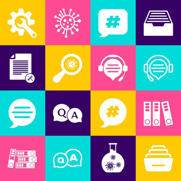 Ofis dizinlerini, kulaklıkları, konuşma balonunu, Hashtag Mikroorganizmalarını dosya açma anahtarı, dişli ve simgesi altında belgelerle ayarla. Vektör.