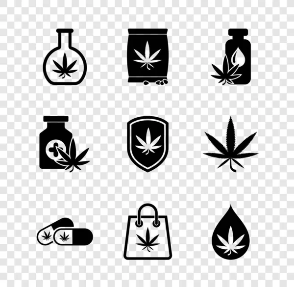 设置试管与大麻大麻或大麻籽叶油药丸购物袋的瓶子和盾牌和图标 — 图库矢量图片