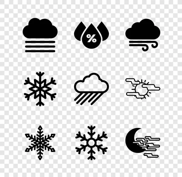 Set Fog Cloud Water Drop Percentage Windy Weather Snowflake Moon — Stock Vector