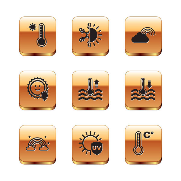 Set Meteorology thermometer Rainbow with clouds UV protection Water and Sun and snowflake icon. Vector.