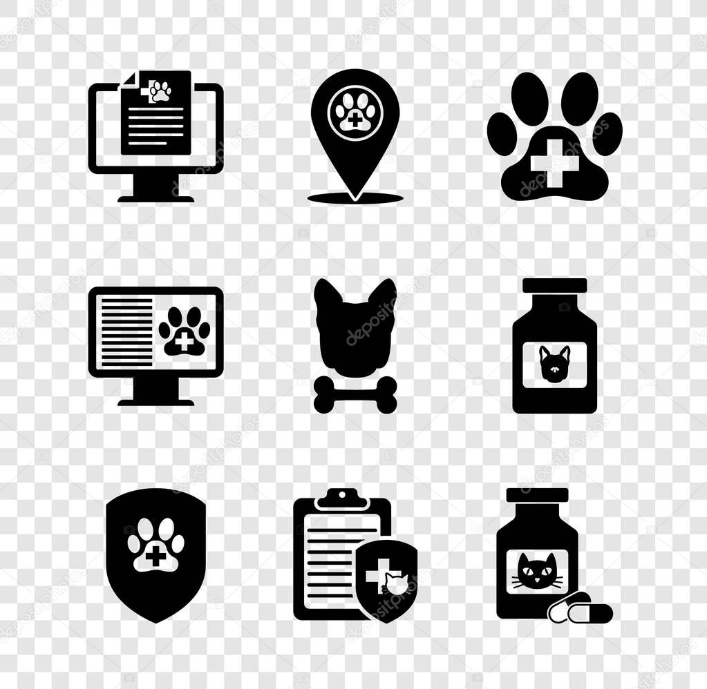 Set Clinical record pet on monitor Location veterinary Veterinary clinic Animal health insurance and Cat medicine bottle and pills icon. Vector.