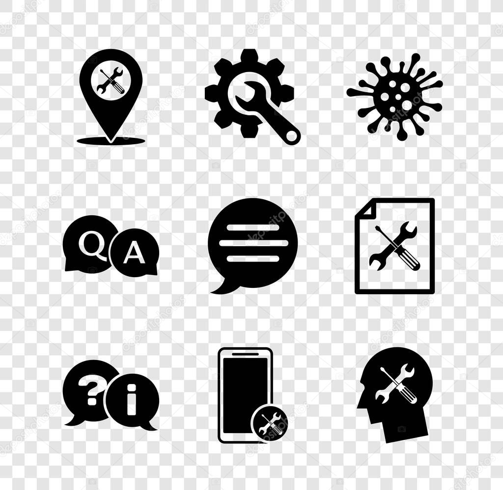Set Location service Wrench and gear Bacteria Question Exclamation Mobile Human head Answer and Speech bubble chat icon. Vector.