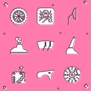 Araba tekerleği vites değiştirici ön cam sileceği el freni ve çamurluk simgesini ayarla. Vektör.