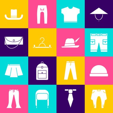 Pants Beanie Şort ya da Pantalon Tişört Askı Gardırop Çantalı Adam ve Oktoberfest ikonu. Vektör.