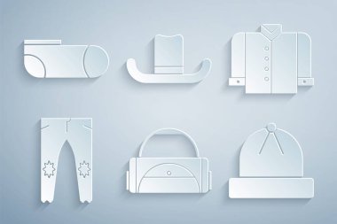 Spor çantası tişörtü, pantolon, şapka ve çorap ikonu hazırla. Vektör.