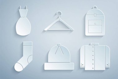 Kış şapkası, sırt çantası, çorap askısı, gardırop ve kadın giysi ikonu ayarla. Vektör.