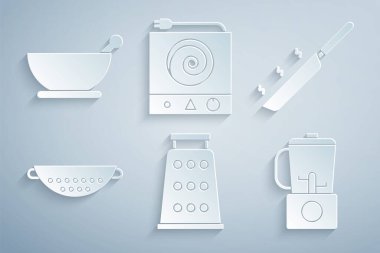 Grater, kızartma tavası, mutfak süzgeci, blender, elektrikli soba ve havan topu ikonu. Vektör