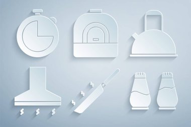 Kızartma tavası, saplı çaydanlık, mutfak vantilatörü, tuz biberi, fırın ve zamanlayıcı ikonu hazırla. Vektör